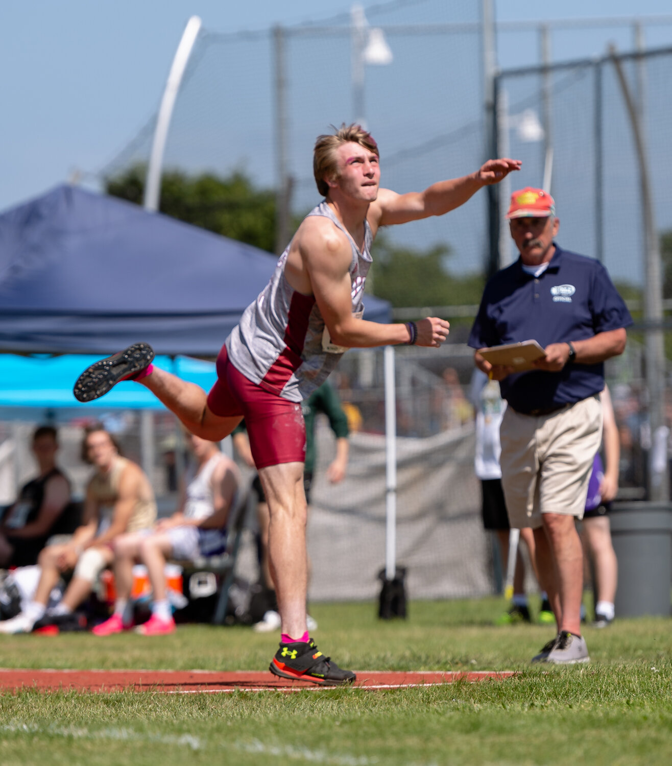 W.F. West’s Lucas Hoff toes the line to avoid a foul in the 2A boys javelin at the WIAA 2A/3A/4A State Track and Field Championships on Saturday, May 27, 2023, at Mount Tahoma High School in Tacoma. (Joshua Hart/For The Chronicle)